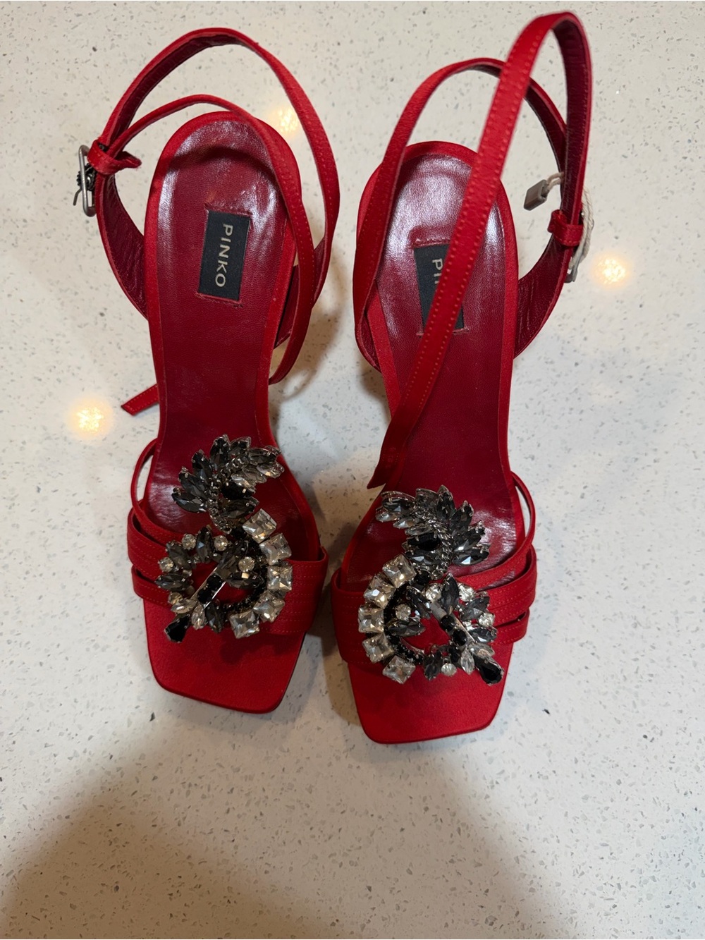 Pinko Red Satin Crystal-Embellished Slingback Heels